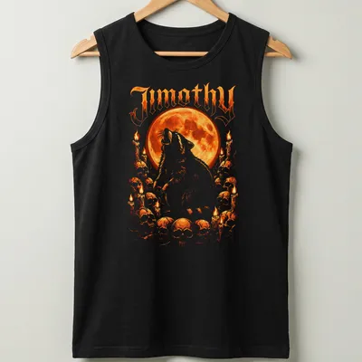 Illustrative design of a raccoon howling at a full moon under the name 'Jimothy' — printed on a tank top