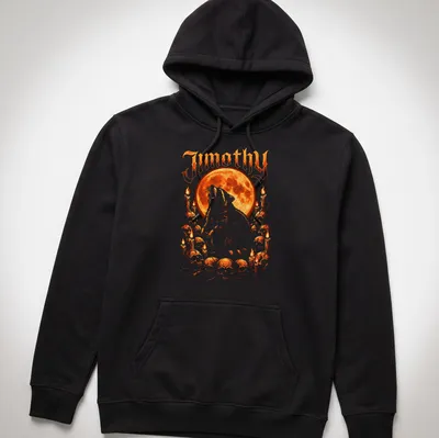 Illustrative design of a raccoon howling at a full moon under the name 'Jimothy' — printed on a unisex hoodie