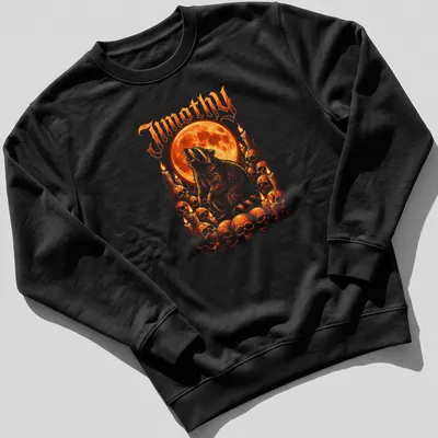 Illustrative design of a raccoon howling at a full moon under the name 'Jimothy' — printed on a unisex sweatshirt