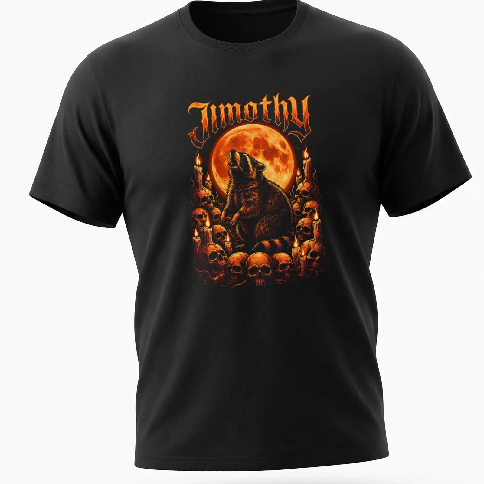Illustrative design of a raccoon howling at a full moon under the name 'Jimothy' — printed on a unisex t-shirt