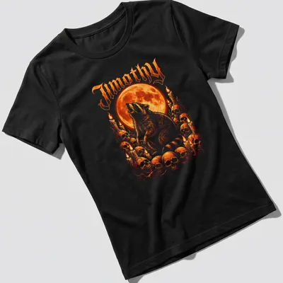 Illustrative design of a raccoon howling at a full moon under the name 'Jimothy' — printed on a women's shirt