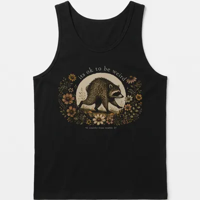Cottagecore style T-shirt with a whimsical raccoon and the text 'its ok to be weird jimothy from seattle' — printed on a tank top