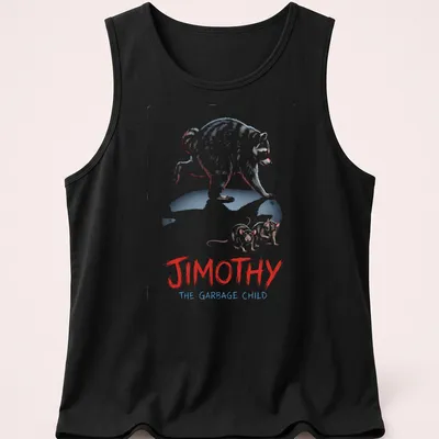 Cartoon raccoon design with bold colors and humorous text about Jimothy. — printed on a tank top