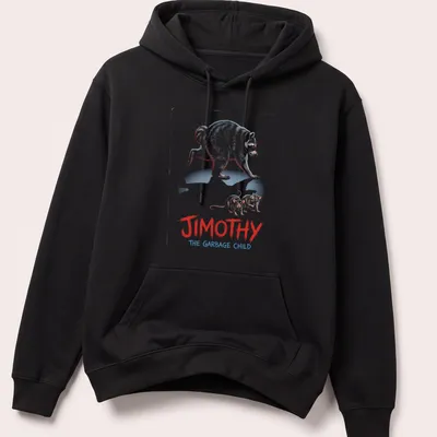 Cartoon raccoon design with bold colors and humorous text about Jimothy. — printed on a unisex hoodie