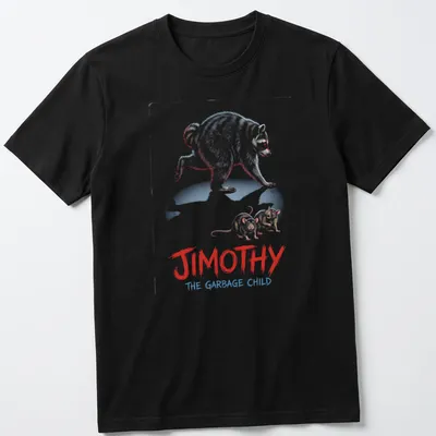 Cartoon raccoon design with bold colors and humorous text about Jimothy.