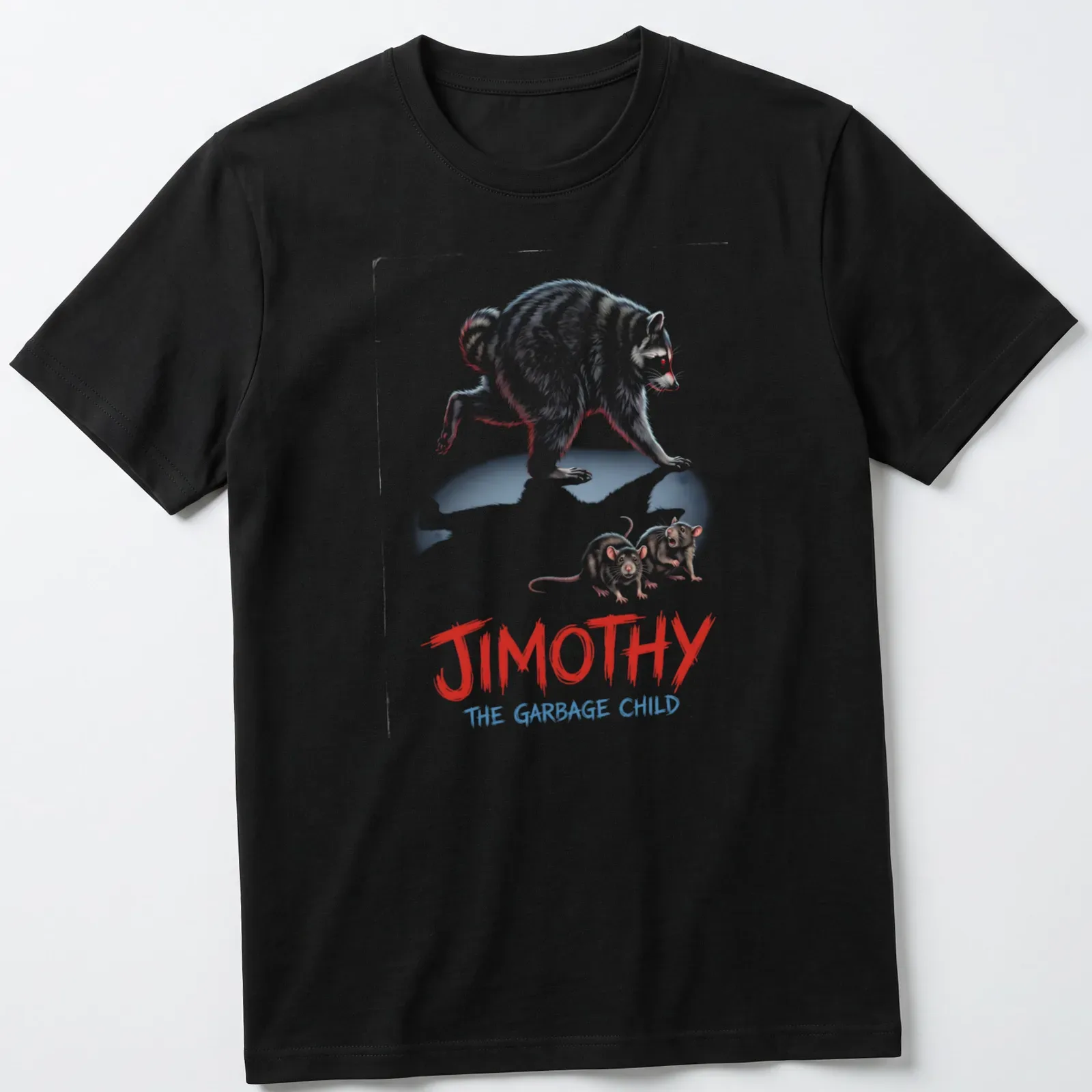 Cartoon raccoon design with bold colors and humorous text about Jimothy. — printed on a unisex t-shirt