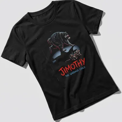 Cartoon raccoon design with bold colors and humorous text about Jimothy. — printed on a women's shirt