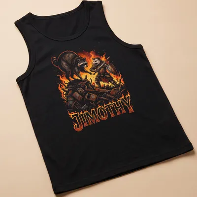Comic style illustration of a raccoon knight with the name Jimothy in bright colors — printed on a tank top