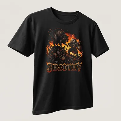 Comic style illustration of a raccoon knight with the name Jimothy in bright colors — printed on a unisex t-shirt (angled view)