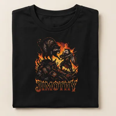 Comic style illustration of a raccoon knight with the name Jimothy in bright colors — printed on a women's shirt
