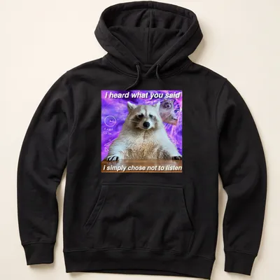 Funny raccoon meme t-shirt featuring humorous text with a cartoon raccoon — printed on a unisex hoodie