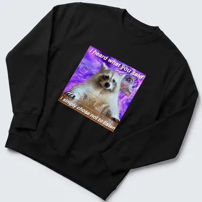 Funny raccoon meme t-shirt featuring humorous text with a cartoon raccoon — printed on a unisex sweatshirt