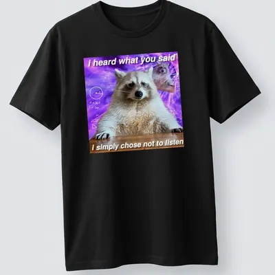 Funny raccoon meme t-shirt featuring humorous text with a cartoon raccoon