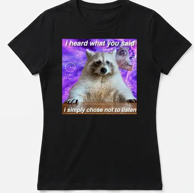Funny raccoon meme t-shirt featuring humorous text with a cartoon raccoon — printed on a women's shirt