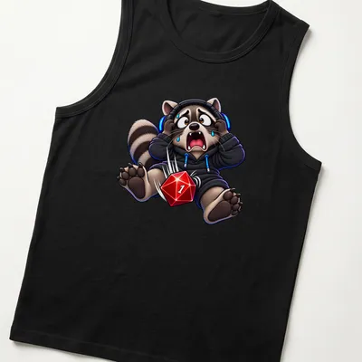 Kawaii raccoon with headphones and gaming dice above Critical Failure text — printed on a tank top