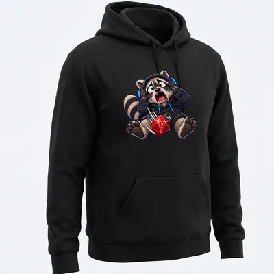 Kawaii raccoon with headphones and gaming dice above Critical Failure text — printed on a unisex hoodie