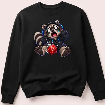 Kawaii raccoon with headphones and gaming dice above Critical Failure text — printed on a unisex sweatshirt