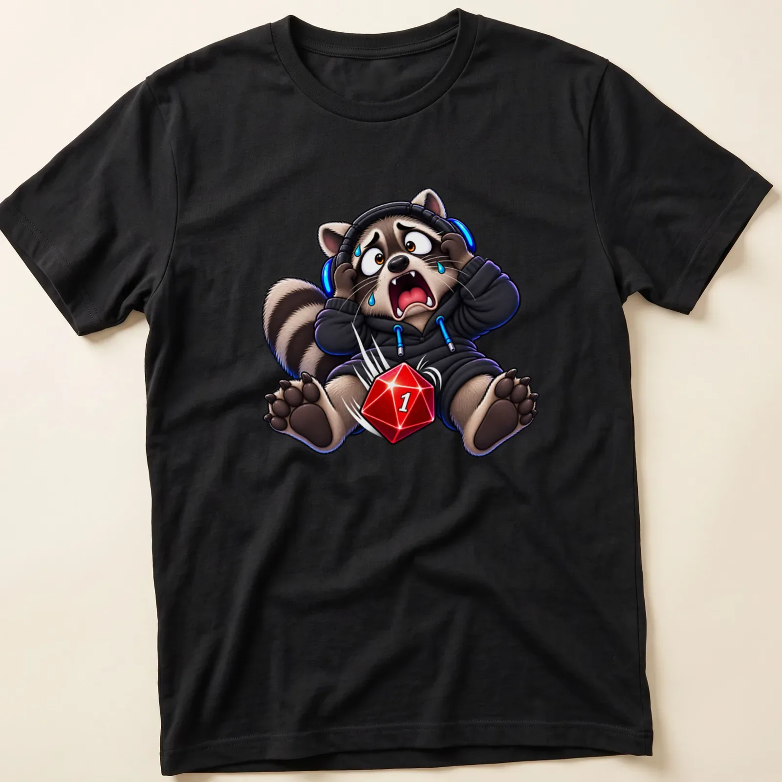 Kawaii raccoon with headphones and gaming dice above Critical Failure text — printed on a unisex t-shirt