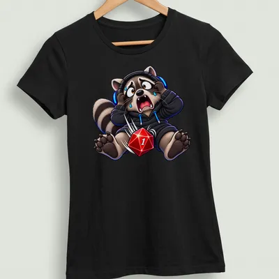 Kawaii raccoon with headphones and gaming dice above Critical Failure text — printed on a women's shirt