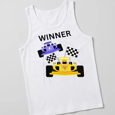 Bold graphic of race cars crossing the finish line with 'WINNER' prominently displayed — printed on a tank top