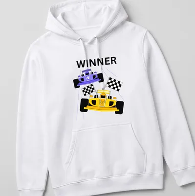 Bold graphic of race cars crossing the finish line with 'WINNER' prominently displayed — printed on a unisex hoodie