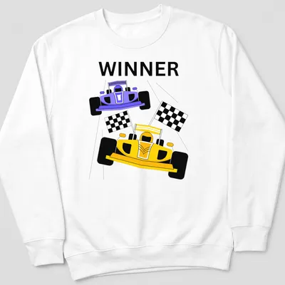 Bold graphic of race cars crossing the finish line with 'WINNER' prominently displayed — printed on a unisex sweatshirt