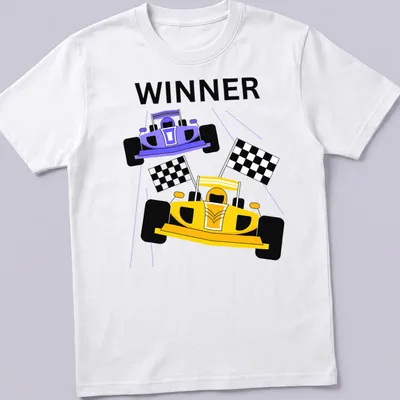 Bold graphic of race cars crossing the finish line with 'WINNER' prominently displayed