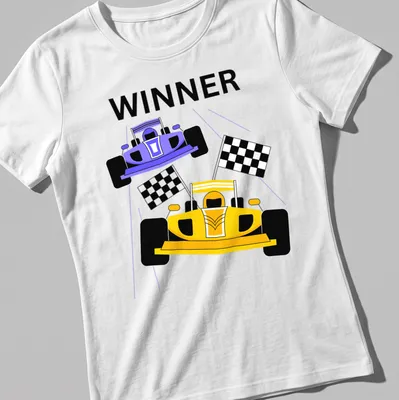 Bold graphic of race cars crossing the finish line with 'WINNER' prominently displayed — printed on a women's shirt