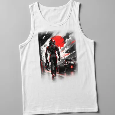Dramatic monochrome racing driver graphic with red accents and bold lettering — printed on a tank top