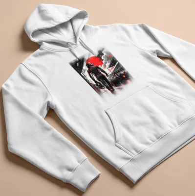 Dramatic monochrome racing driver graphic with red accents and bold lettering — printed on a unisex hoodie