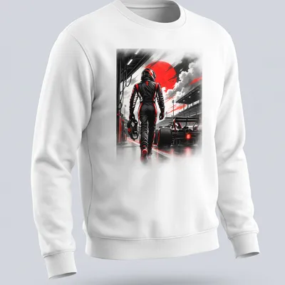 Dramatic monochrome racing driver graphic with red accents and bold lettering — printed on a unisex sweatshirt