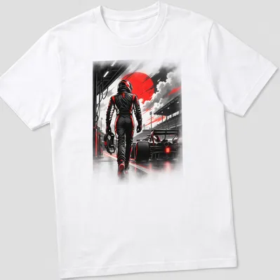 Dramatic monochrome racing driver graphic with red accents and bold lettering
