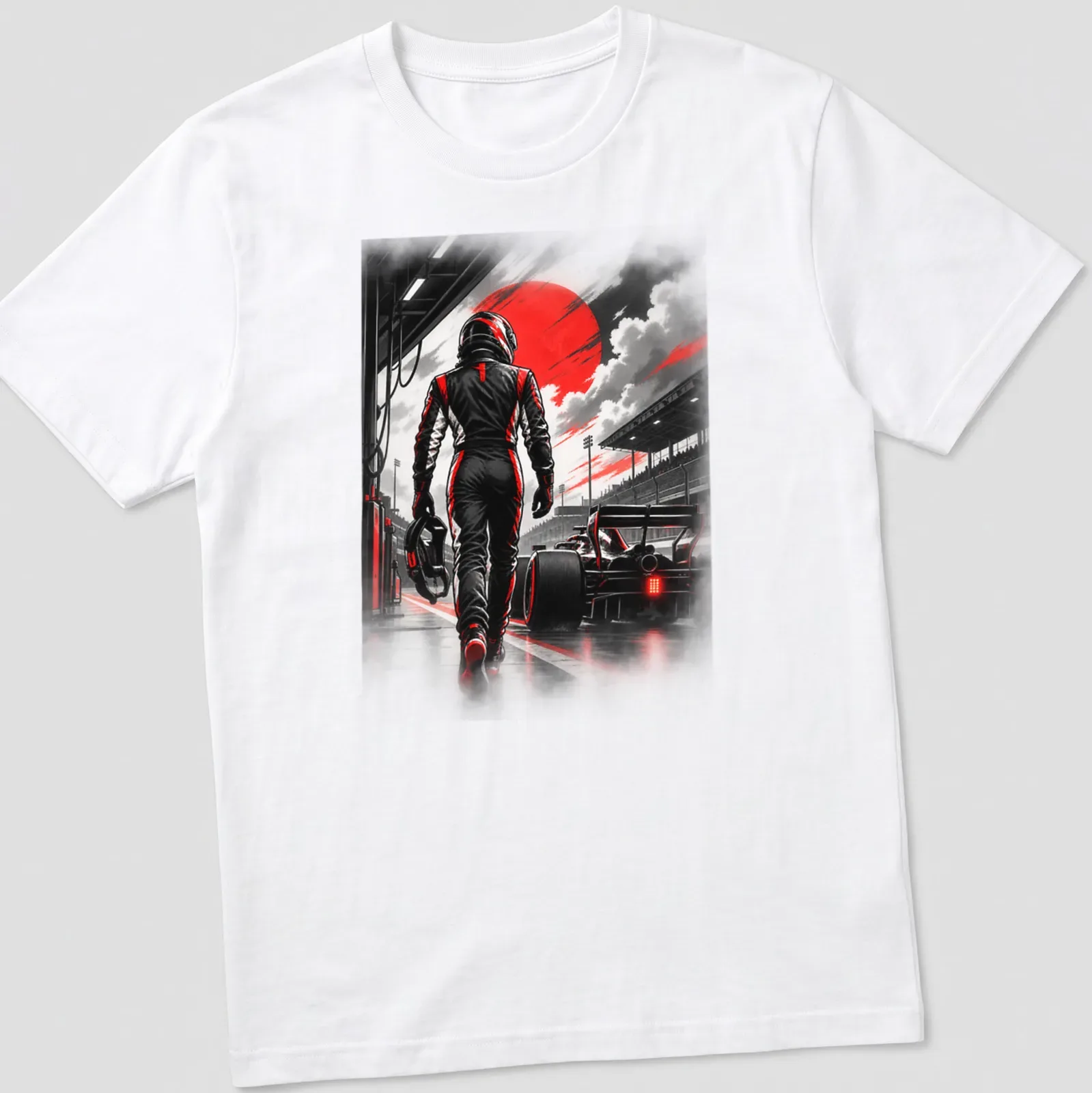 Dramatic monochrome racing driver graphic with red accents and bold lettering — printed on a unisex t-shirt