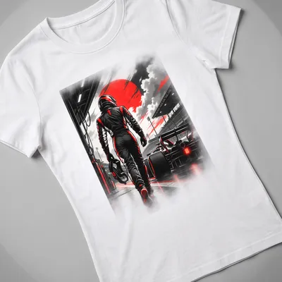 Dramatic monochrome racing driver graphic with red accents and bold lettering — printed on a women's shirt