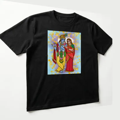 Digital painting of Radha and Krishna in vibrant colors — printed on a unisex t-shirt (angled view)