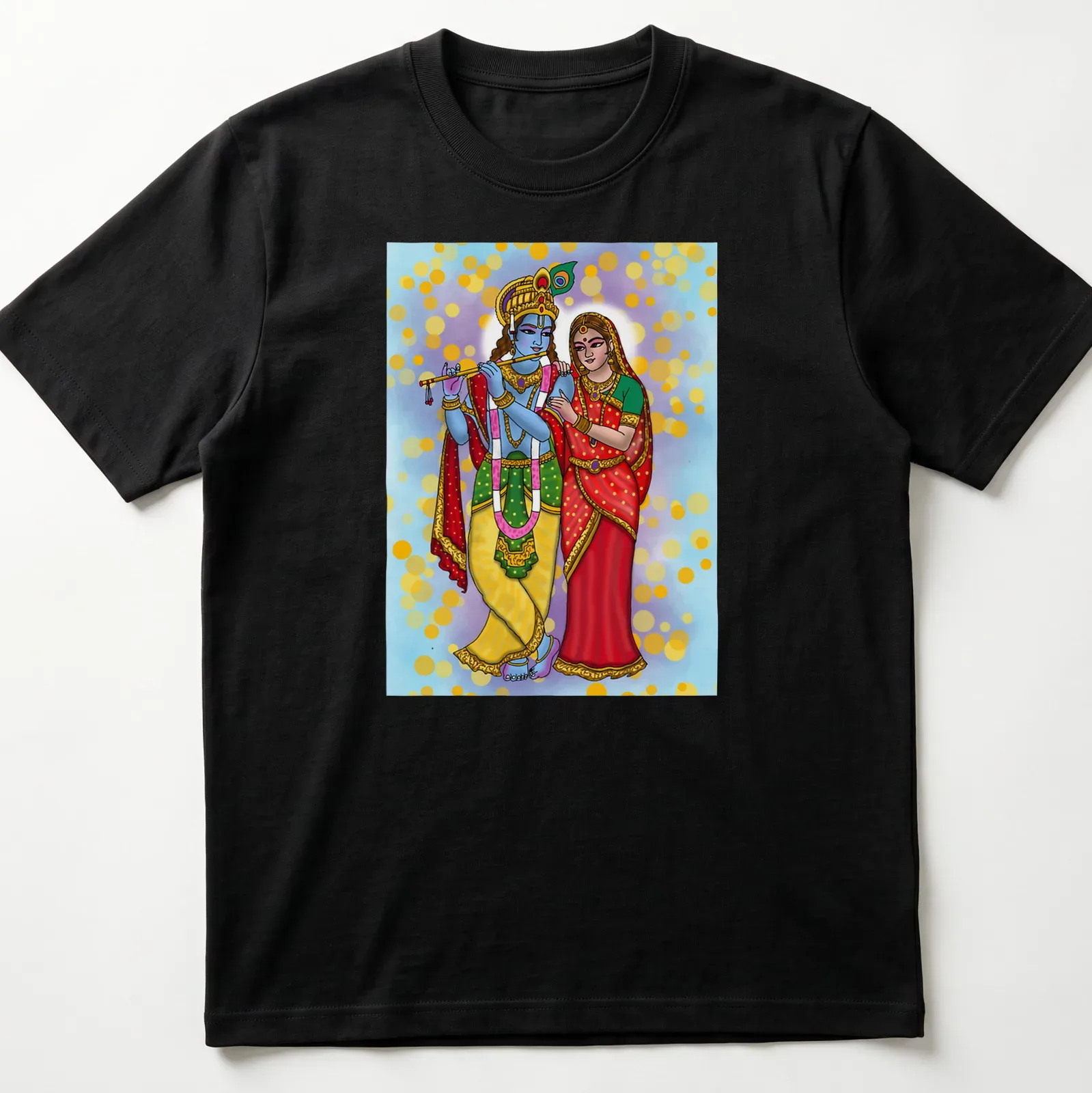 Digital painting of Radha and Krishna in vibrant colors — printed on a unisex t-shirt