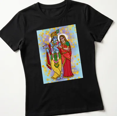 Digital painting of Radha and Krishna in vibrant colors — printed on a women's shirt