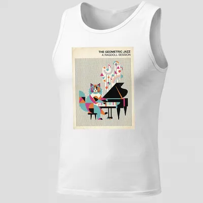 Ragdoll cat playing piano with colorful geometric shapes in the background — printed on a tank top