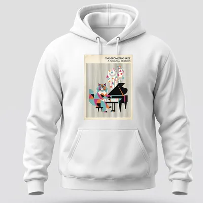 Ragdoll cat playing piano with colorful geometric shapes in the background — printed on a unisex hoodie