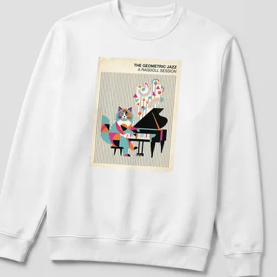 Ragdoll cat playing piano with colorful geometric shapes in the background — printed on a unisex sweatshirt