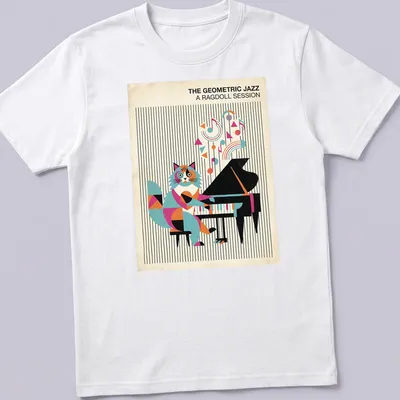 Ragdoll cat playing piano with colorful geometric shapes in the background