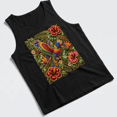 Rainbow Lorikeet perched among colorful flowers in vibrant jeweled style. — printed on a tank top