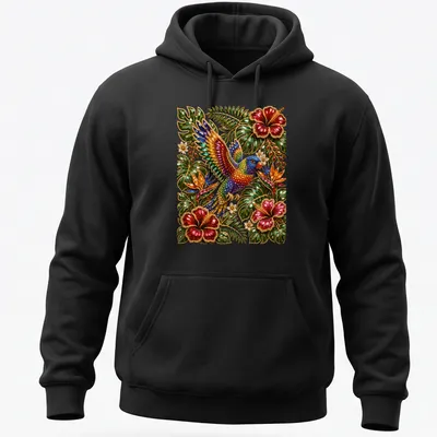 Rainbow Lorikeet perched among colorful flowers in vibrant jeweled style. — printed on a unisex hoodie