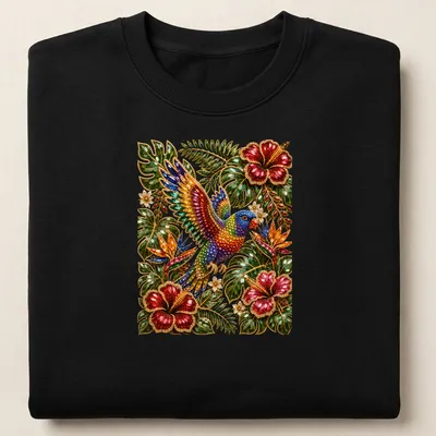 Rainbow Lorikeet perched among colorful flowers in vibrant jeweled style. — printed on a unisex sweatshirt