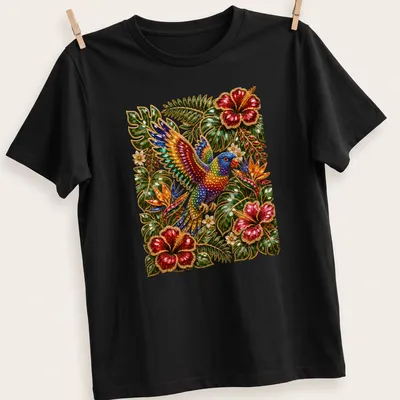Rainbow Lorikeet perched among colorful flowers in vibrant jeweled style.