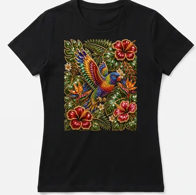 Rainbow Lorikeet perched among colorful flowers in vibrant jeweled style. — printed on a women's shirt