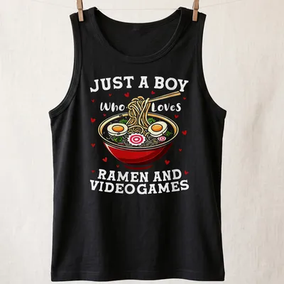 Colorful cartoon ramen bowl and video games T-shirt with playful text — printed on a tank top