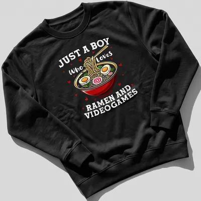 Colorful cartoon ramen bowl and video games T-shirt with playful text — printed on a unisex sweatshirt