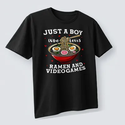 Colorful cartoon ramen bowl and video games T-shirt with playful text — printed on a unisex t-shirt (angled view)