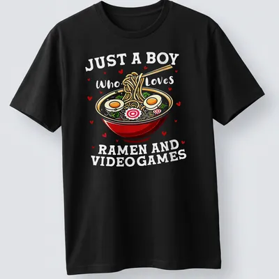 Colorful cartoon ramen bowl and video games T-shirt with playful text